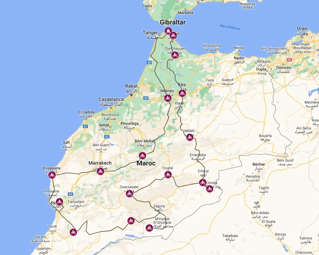 Mapa de viagens organizadas de moto em Marrocos